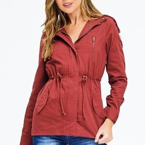 RUST RED COTTON DRAWSTRING WAIST HOODED POCKETED C